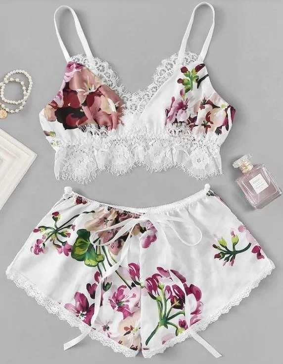 ladies floral pattern satin pajamas set with lace edge sexy sleepwear