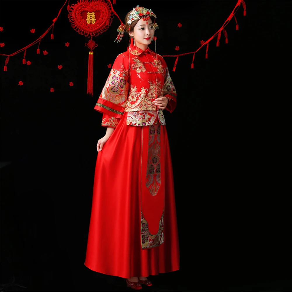 High quality red chinese custom made long sleeve traditional embroidered wedding dress