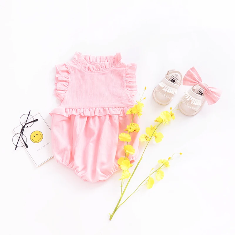 
Custom solid color Infant summer cotton lace collar sleeveless baby clothes romper girls 