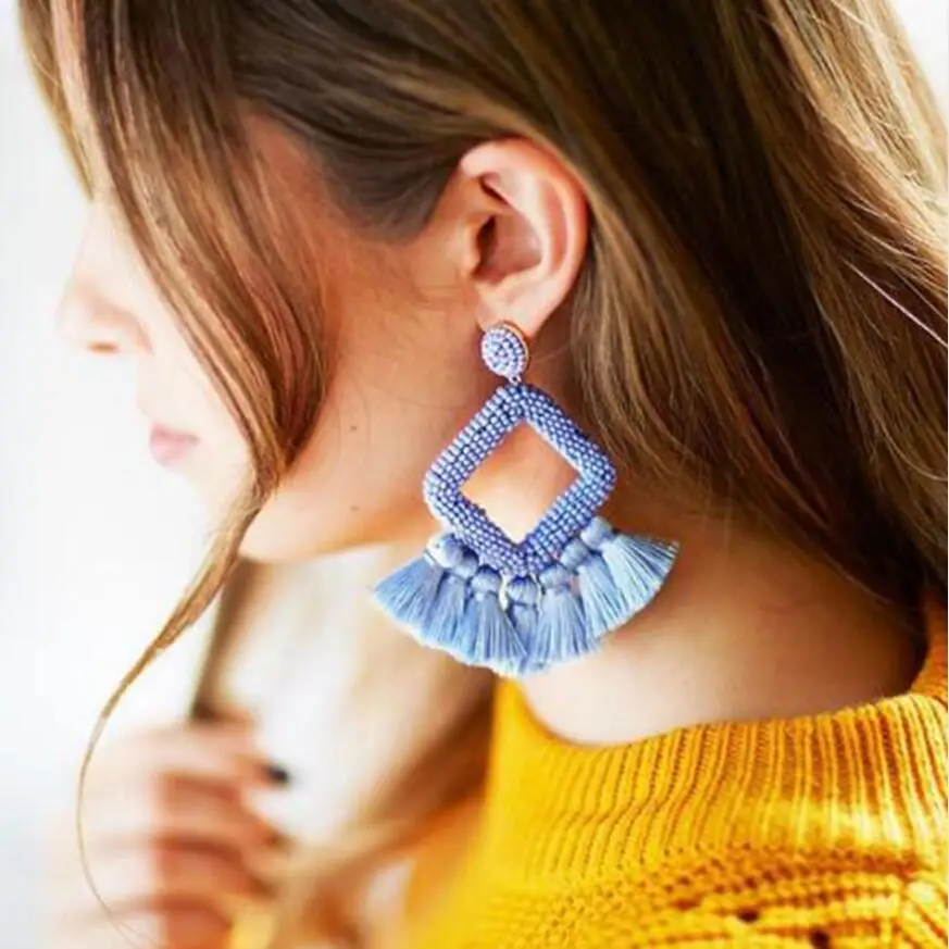 2022 Beaded Hoop Earrings Fashion Bohemian Handmade Whimsical Drop Earrings for Women Jewelry Hoop Bead Tassel earrings Hot Sale