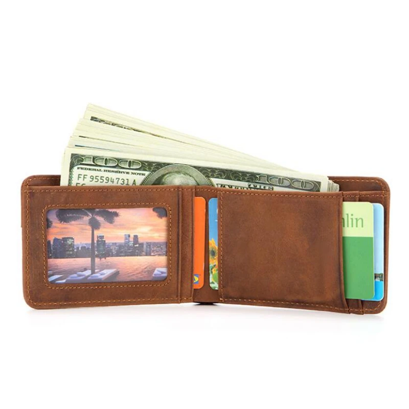 Dreamtop DTE498 hot sale brown crazy horse leather thin wallet clip 2019 OEM minimalist money wallet cheap wallet man