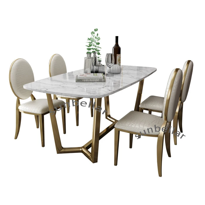 Foshan furniture modern luxury dining table set marble top gold stainless steel round marble dining table with 6 chairs