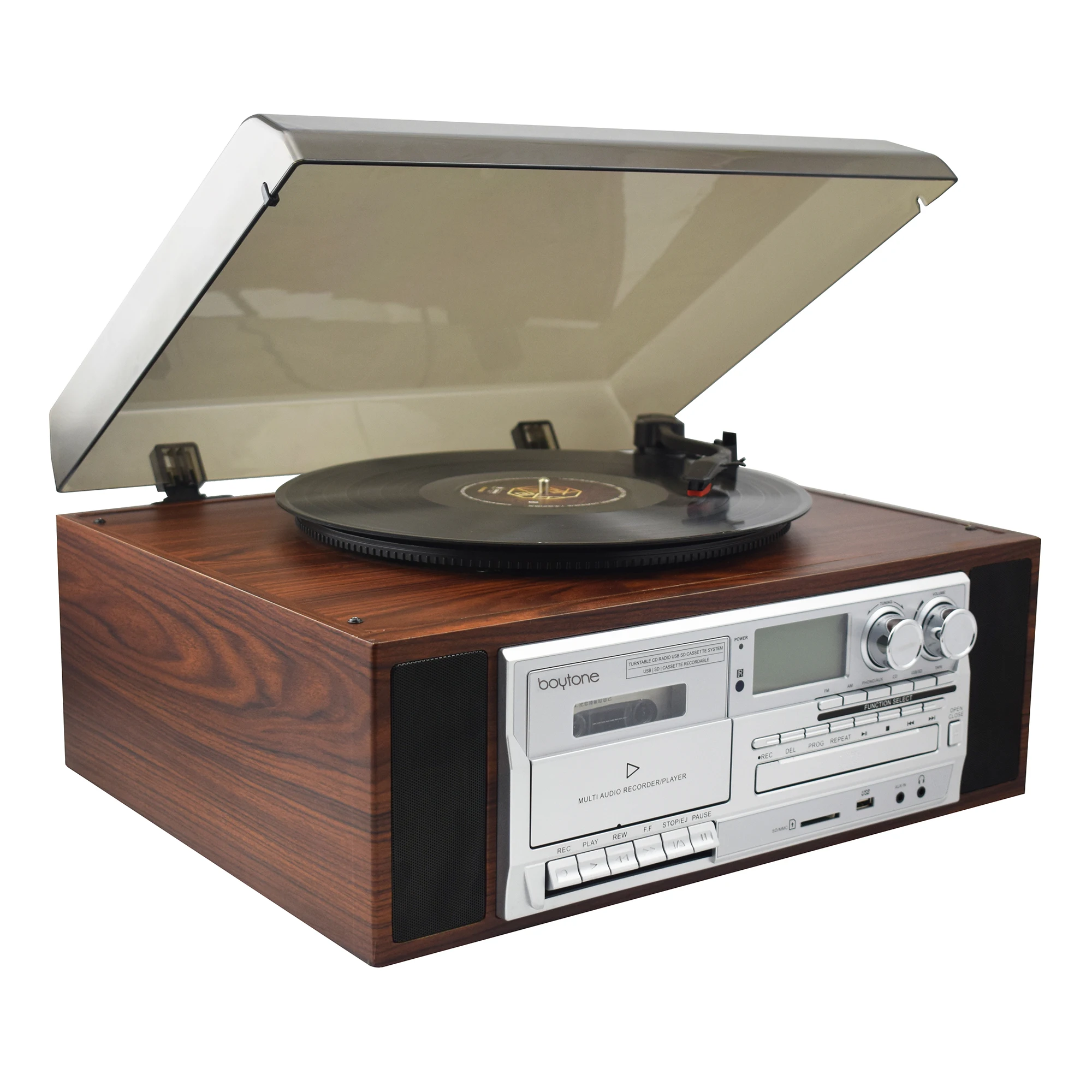 2019 hot sale Full Size Auto Return turntable vinyl record gramophone player with Cassette, USB SD play& recording& CD, RADIO