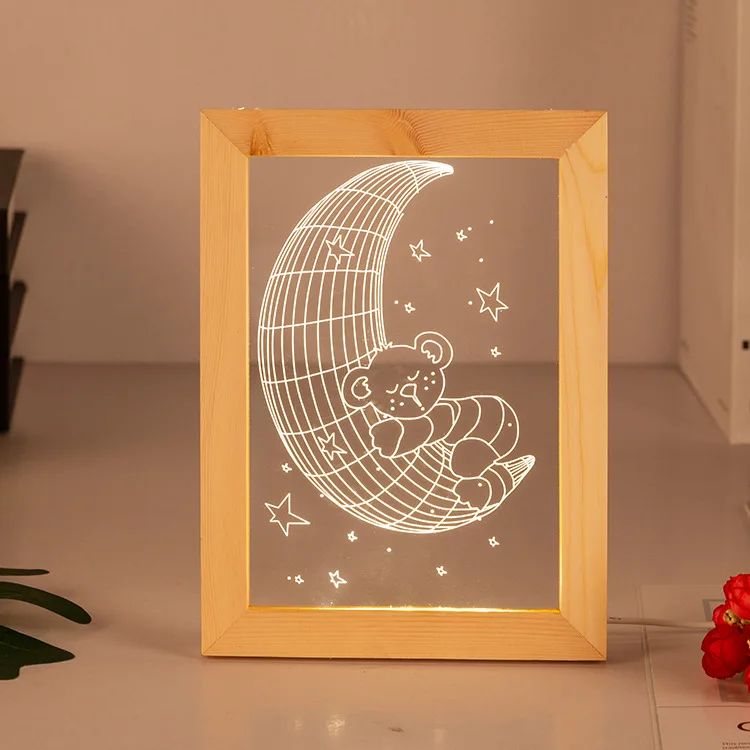 3D Wood Picture Frame LED Light Decorative Acrylic Photo Frame Nightlight 3D Bedroom Living Room Lamp