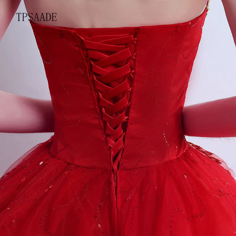 Chinese Red Tulle Appliques Beaded Sequin Strapless Wedding Dress with Long Train Golden Lace Bridal Gown 2020 Vestido de novia