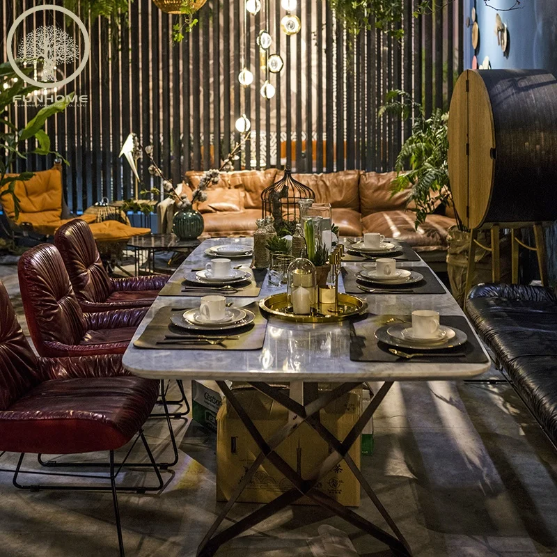 Luxury European Style White Marble Top Metal Frame Dining Table