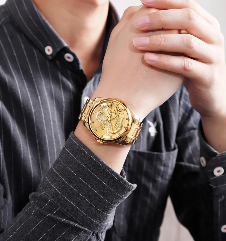 Часы SKMEI мужские Кварцевые водонепроницаемые, роскошные золотистые наручные, с рисунком дракона, нержавеющая сталь, 9193