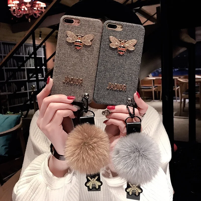 
Luxury rhinestone phone case fabric hair ball phone case with purse hanging rope for phone 