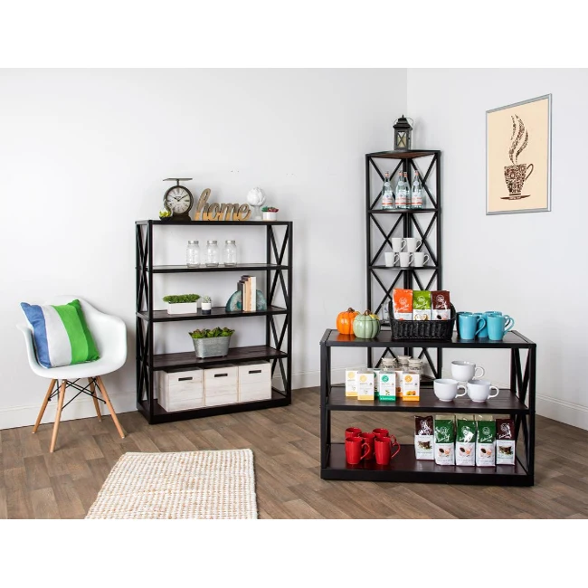 Steel Frame X-Sided Corner Shelving Unit 5 Solid Wood Tiers Dark Brown Conner Storage Wood Shelf Online Shopping Store Fitting