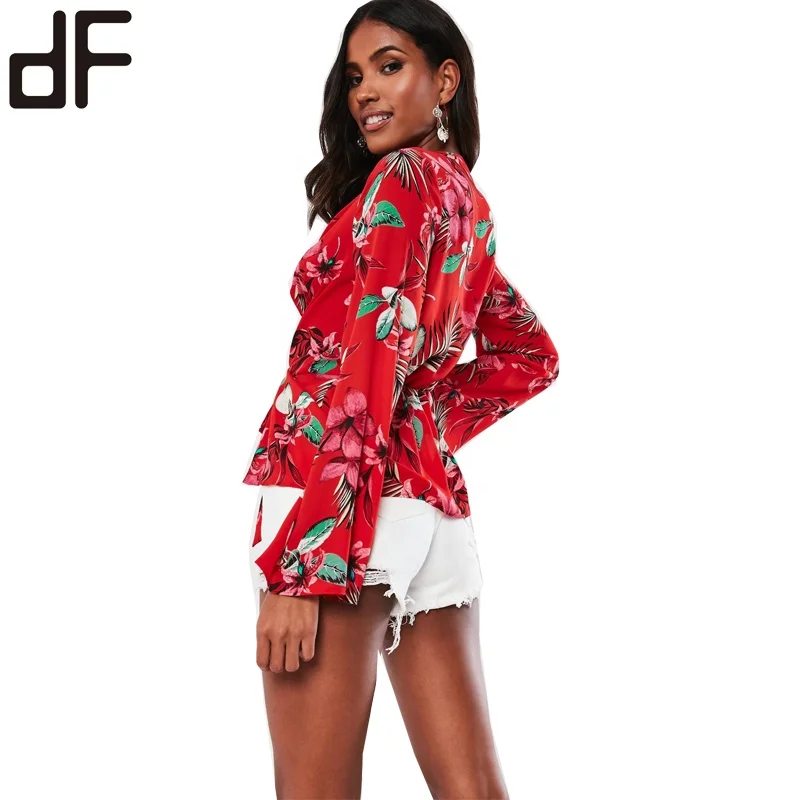 Custom Long Sleeve Blouse For Women Casual Fashion Office Ladies Wear Blouse V Neck Modern Red Floral Blouse