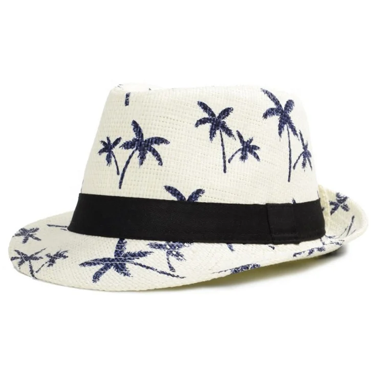 paper straw Coconut tree printed fedora hat sun hat beach hat