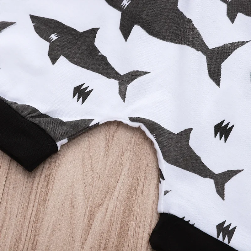 
2019 summer kids cotton shark print hoodies top tshirt & baby animal pp pants shorts 2pc set 