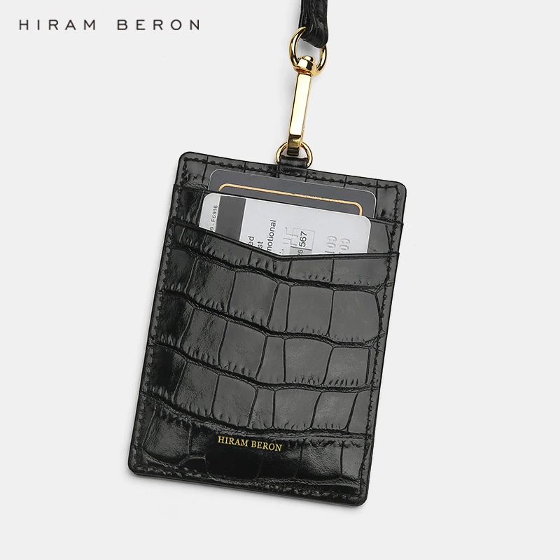 Hiram Beron Italian Cow Leather Name Tag ID Card Holder Lanyard