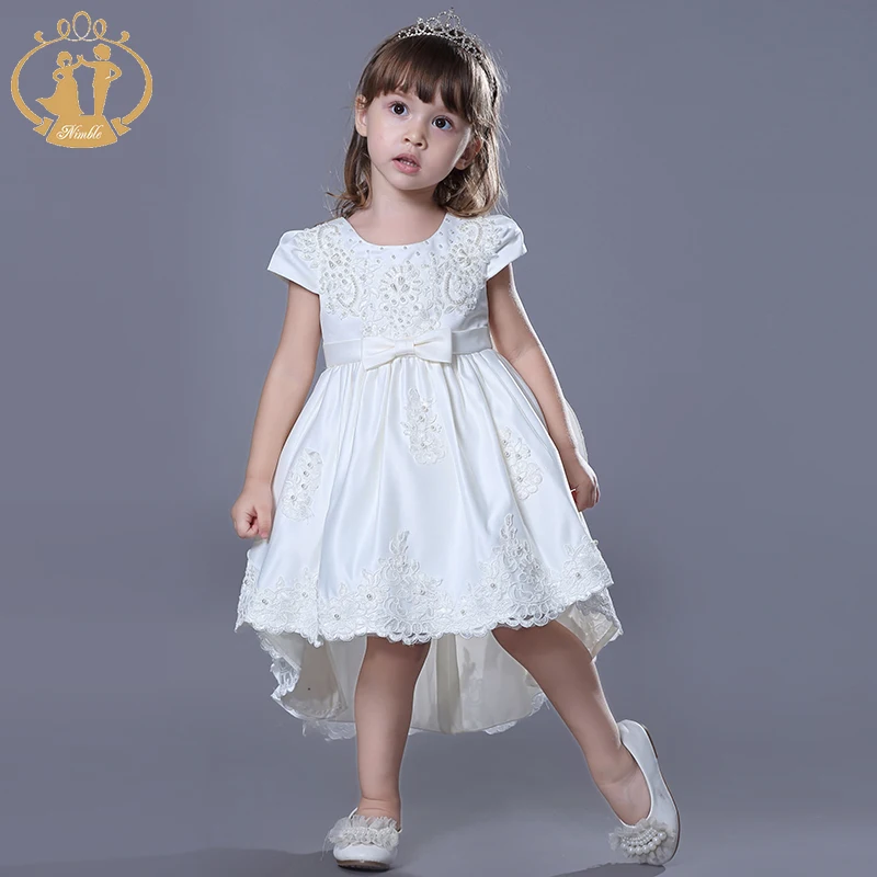 Nimble Beading Embroidered Baby Dresses Satin Long Tail Child Baby Dress Model For Party 1-4years Children Clothes Girls Dresses