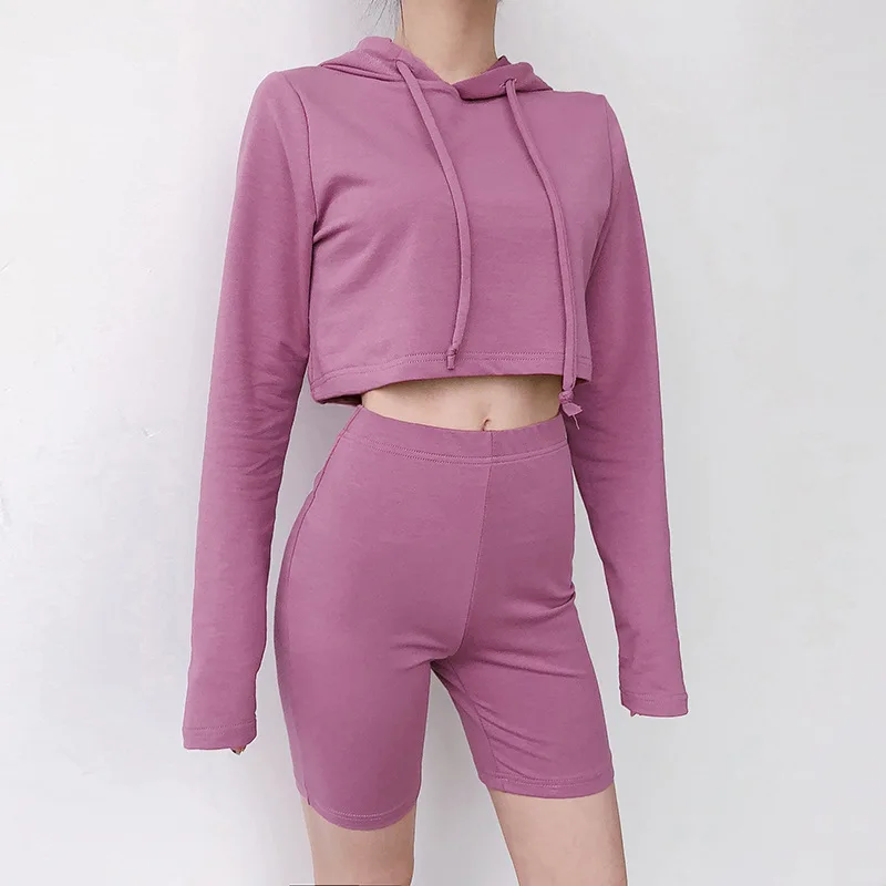Wholesale Women Sports 2 Pieces Crop Top Hoodie Shorts Set two piece pants set