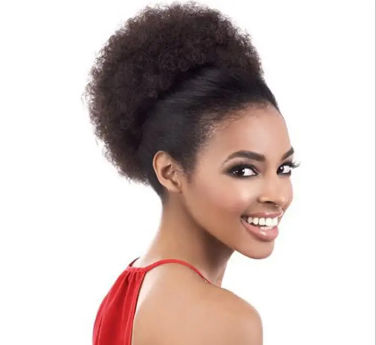 
Afro Kinky Curly Hair Bun Wrap Drawstring High Puff Ponytail Short Updo for Natural Hair With 2 Clips #4 
