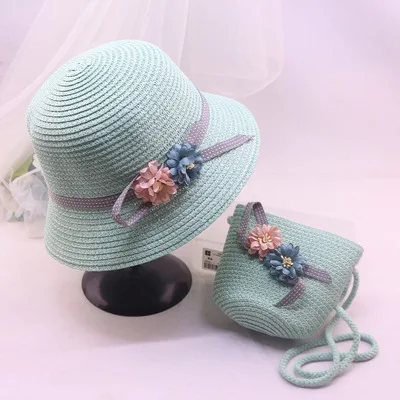 Оптовая продажа, летняя соломенная шляпа от солнца для девочек, пляжная одежда, вязаная шапочка с подходящей сумкой, комплект из соломенной шляпы для мамы и меня
