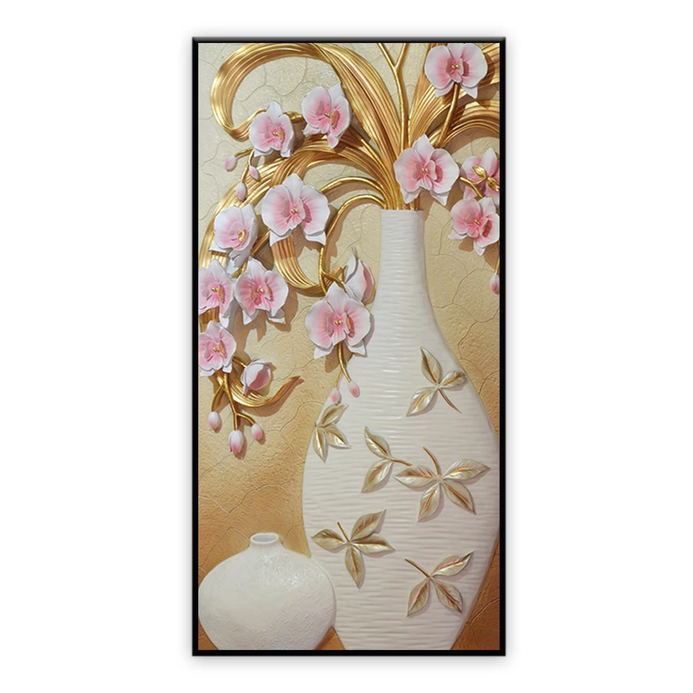 New design atrwork indoor decor gold flowers and vase 3d relief painting