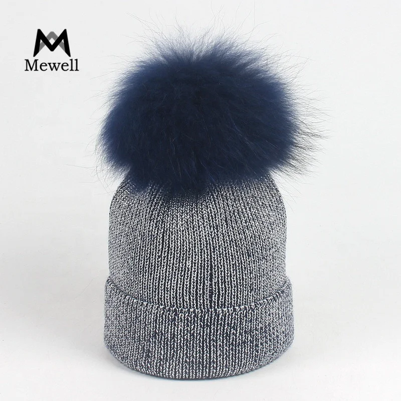Wholesale Baby Beanie Girls Knitted Acrylic Dyeing Natural Fur Pompom Hats Kids Winter Hats