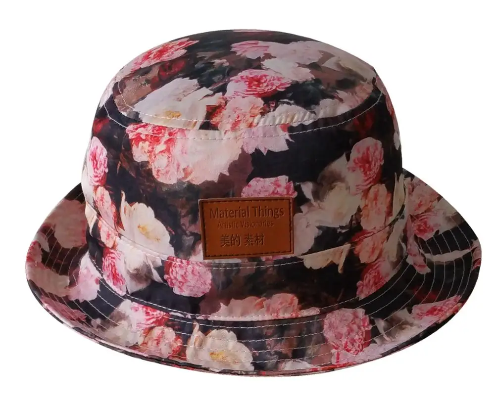 Popular Unisex New Print Floral Printing Bucket Hat, Custom Brown Leather Patch Logo Bucket Hat Cap Customize Floral Bucket Hats