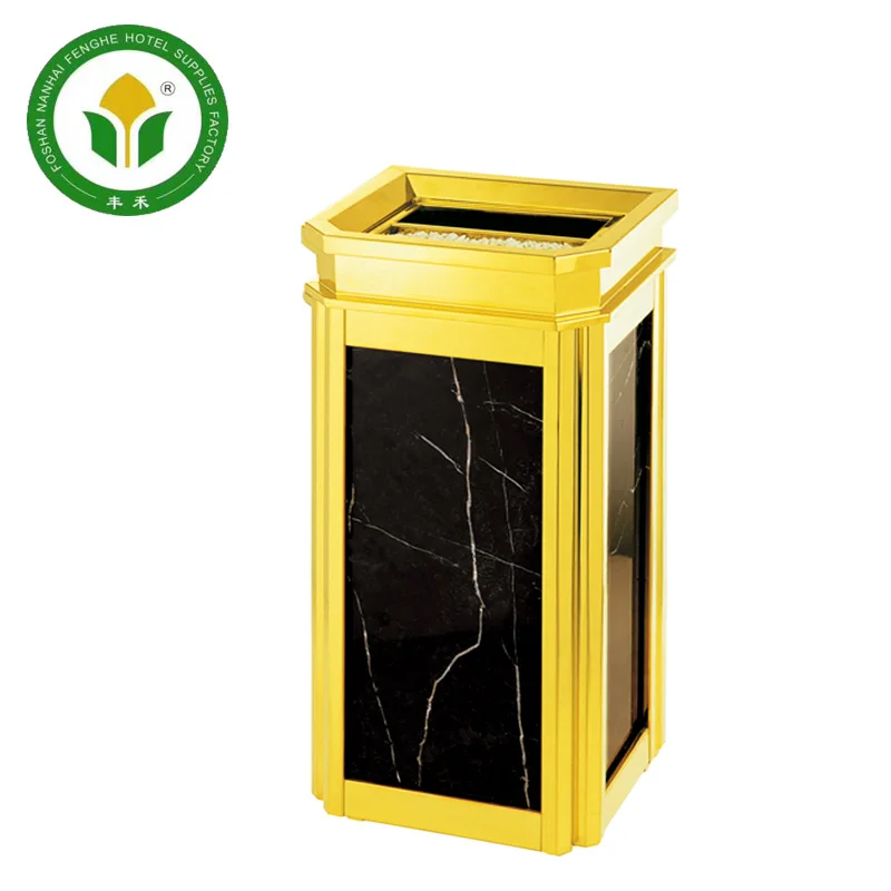 Hotel golden metal base marble waste bin trash can bin