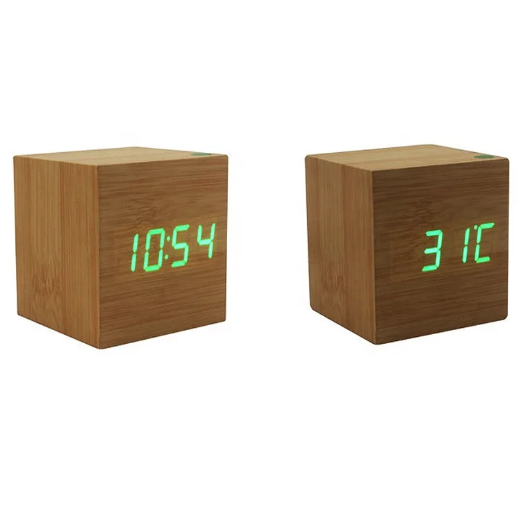  Рекламный Настольный цифровой термометр с различными цветными шрифтами температура время и дата Деревянный Будильник