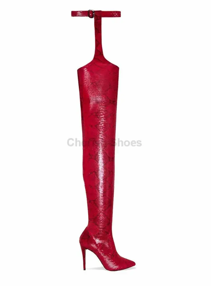 Sexy ladies red Python print stiletto heel thigh high boots wholesale Party Wear over knee pointed toe boots for women