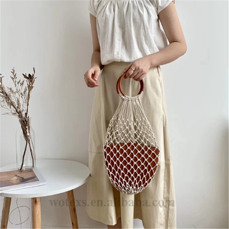 NG078 Fashion Summer New Net Small Beach Square Bag Hemp Rope Woven Vintage Macrame Crochet Handbag Tote Bag