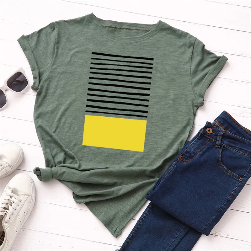 
Wholesale Women Casual Tshirts Chest Stripe Print T Shirt 100% Cotton O Neck Short Sleeve Summer T-Shirt Tops 