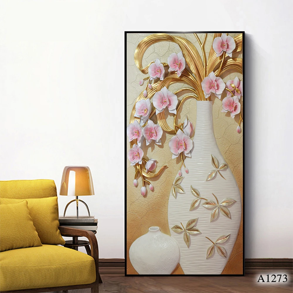 New design atrwork indoor decor gold flowers and vase 3d relief painting