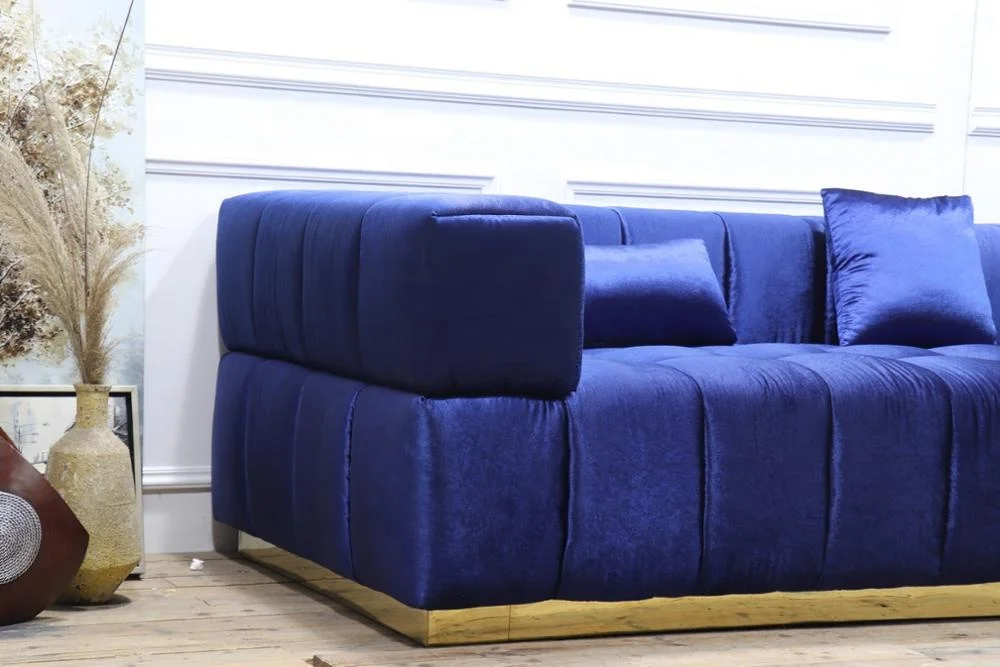 square tufted velvet fabric living room couch with stainless steel base