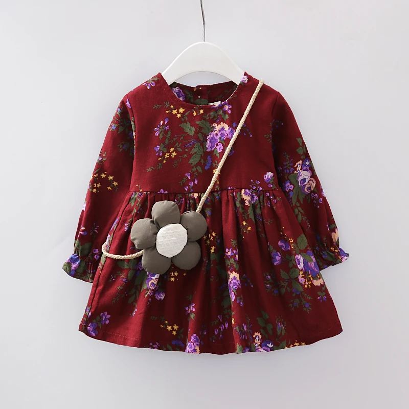 Модное вино красное детское платье из органического хлопка с длинным рукавом