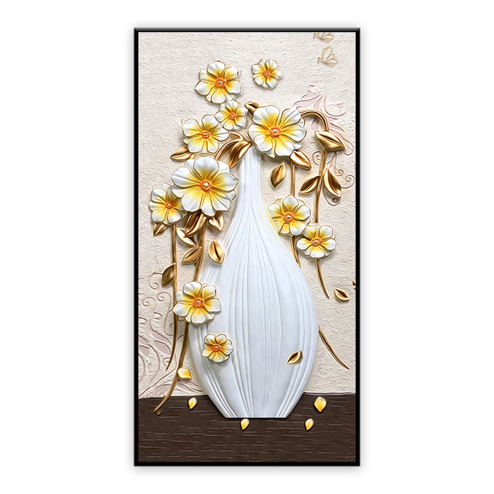 New design atrwork indoor decor gold flowers and vase 3d relief painting