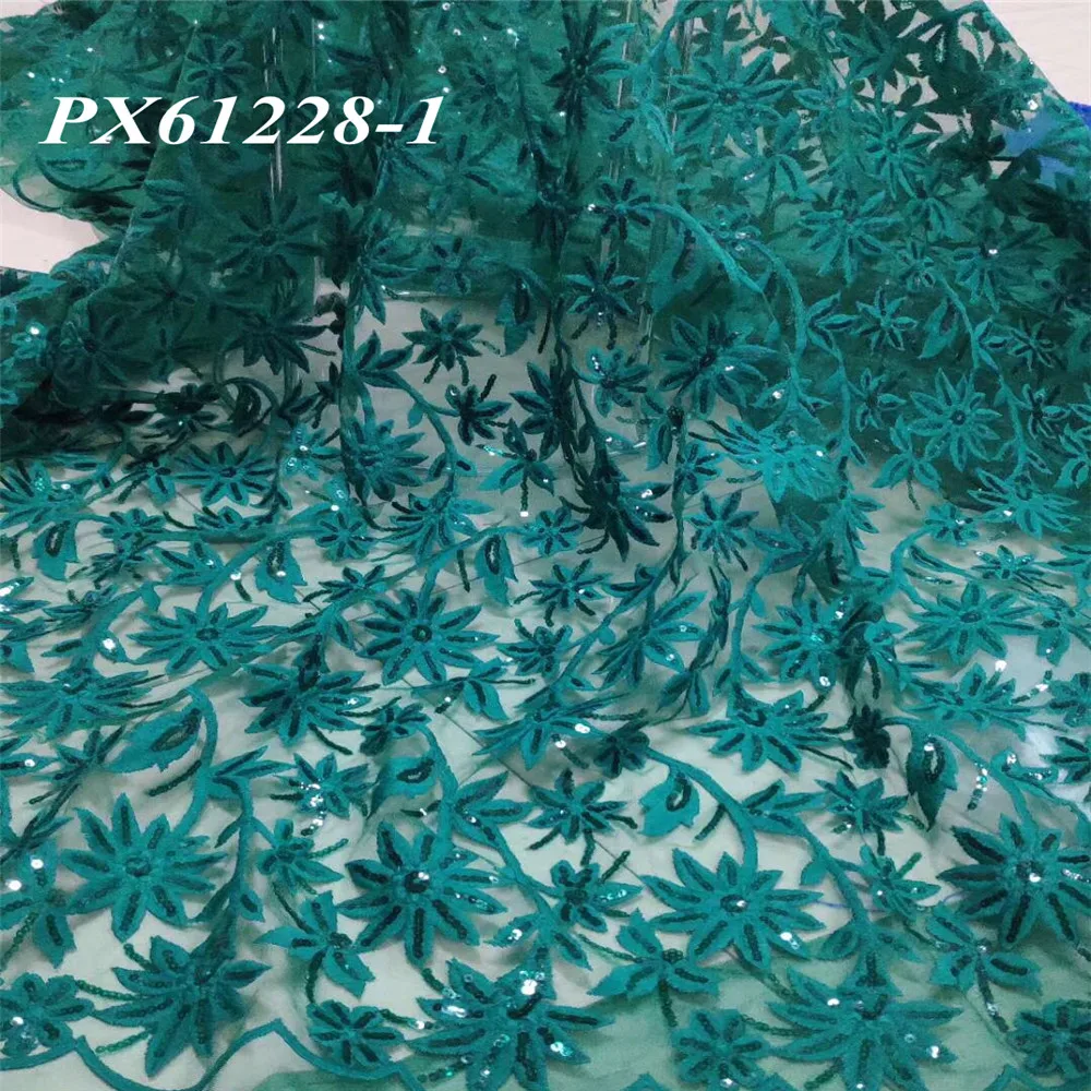 Лидер продаж в Нигерии, новейшая темно-зеленая сетчатая кружевная ткань с блестками и вышивкой в виде цветов для платья, Ткань 5 ярдов