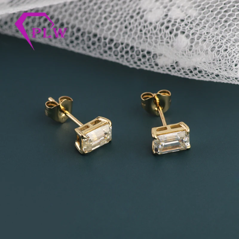 Provence Moissanite Jewelry Pointed Prong Setting 5x7mm 1carat Emerald Cut Moissanite Earrings 18k Yellow Gold