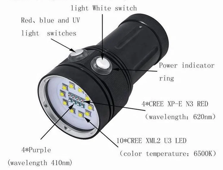 Underwater Camera Photography Torch 18 Led Submersible Flashlight Super Bright Rechargeable Diving Video Light