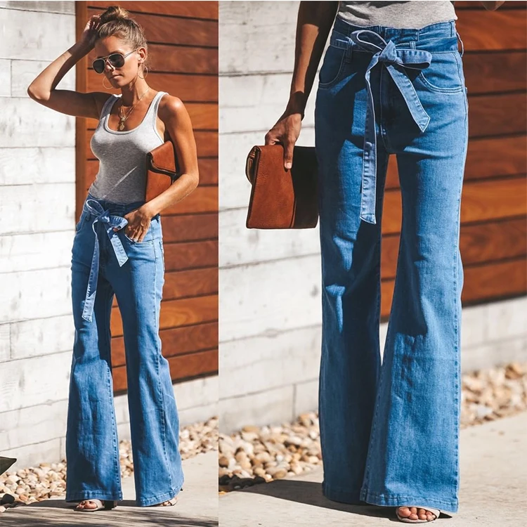 
Flare Jeans Women High Waist Blue Jeans Wash Vintage Wide Leg Belted Stretchy Denim Jeans Women 