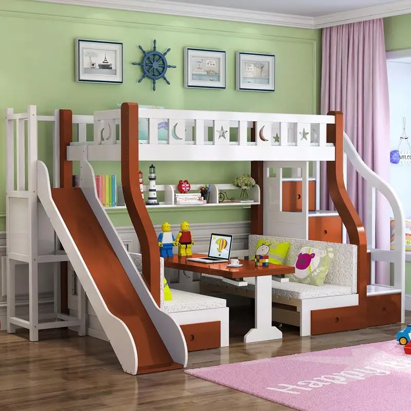 Colorful Pine Solid Wood Convertible Multifunction Wooden Children Dormitory Bunk Bed Kids Bunk Bed With Slide