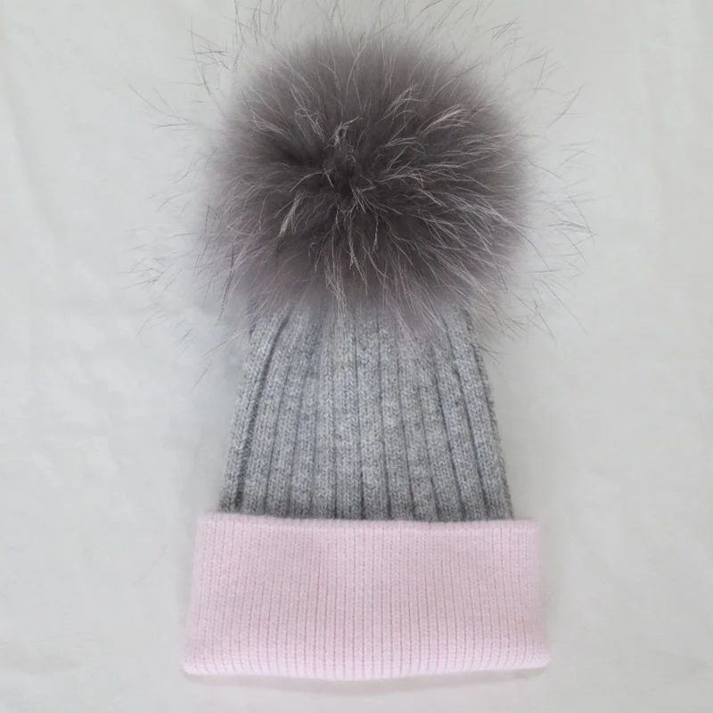 Baby soft winter fur bobble hats removable raccoon fur ball angora hats bi color children knitted hats