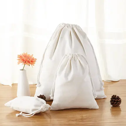 Cotton muslin promotional custom printed drawstring bag wholesale