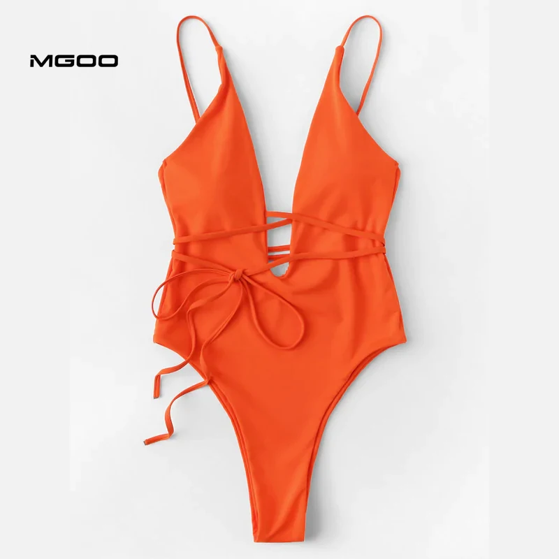 Слитный купальник MGOO OEM с глубоким вырезом, глубоким вырезом на спине и поясом