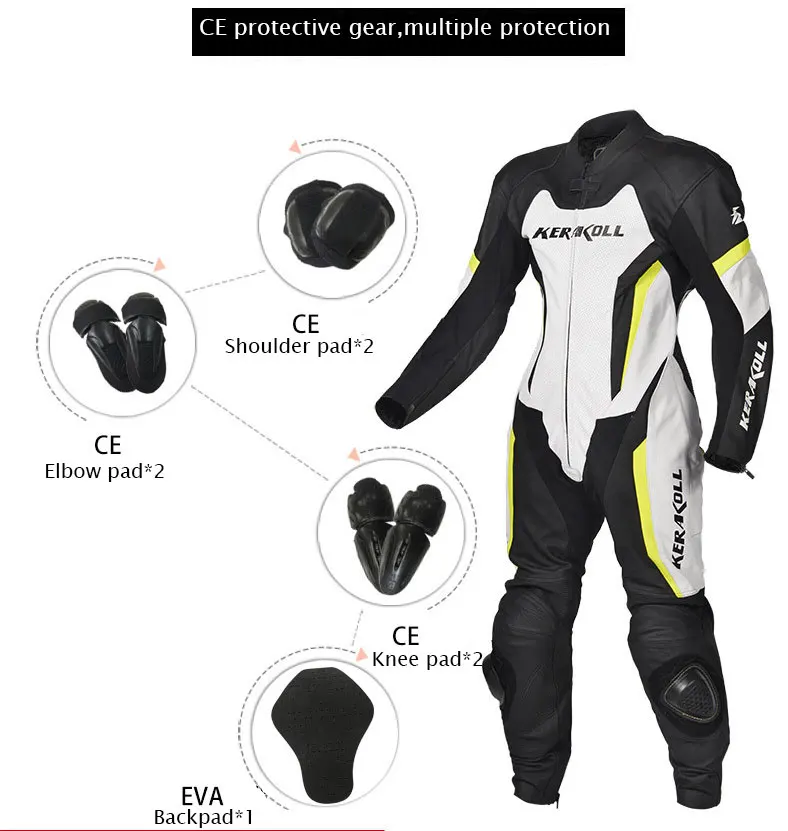 DUHAN KERAKOLL One-piece Motorcycle Racing Suit Genuine Leather Cowhide Motocross Jacket Pants with Protectors Knee Sliders