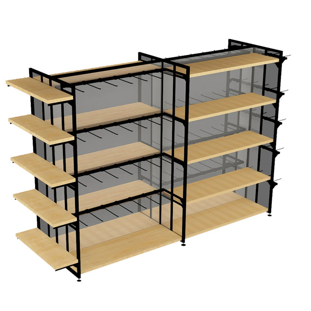 OEM Multi-functional SuperMarket Boutique Shopping Mall Store Display Wood And Metal Shelf  Stacking Racks and Shelves