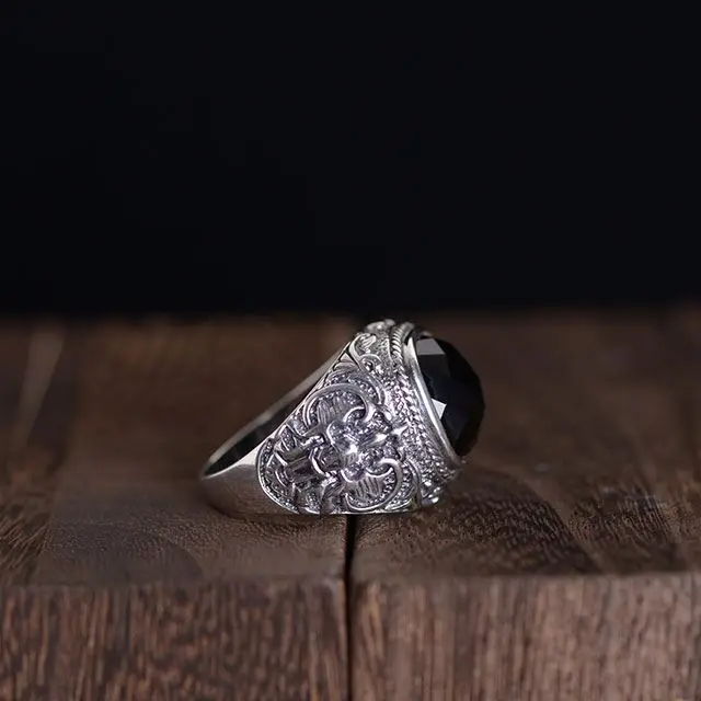 Wholesale 925 pure silver relief pattern inlaid Black Agate silver jewelry rings for men Anillos