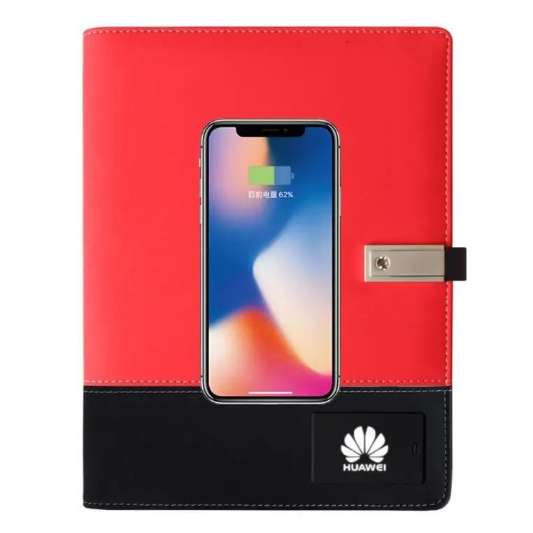 2021 Wholesale A5 Promotion Wireless PowerBank diary with 8GB USB Flash Drive LED Light Logo PU Leather Power bank Notebook