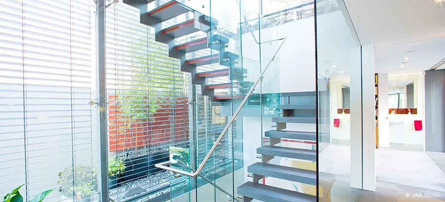 Indoor glass stairs /double spine staircase with glass railing and glass steps
