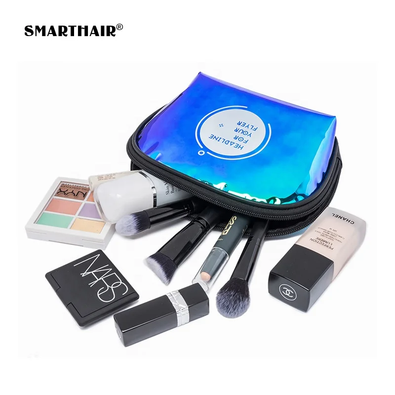 
Korean Blue Custom Make Up Holographic Makeup Bag Hologram With Glitter Zipper Rainbow Iridescent TPU Cosmetic Bag Wholesale 
