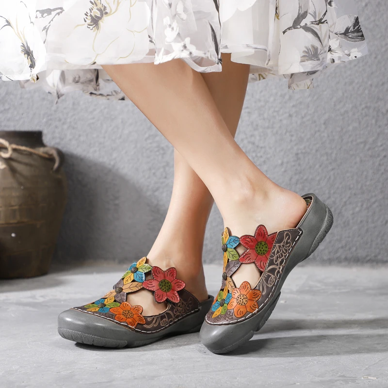 
Fashion floral flower pattern genuine leather comfortable flat casual shoes slipper sandal for woman lady girl spring autumn 