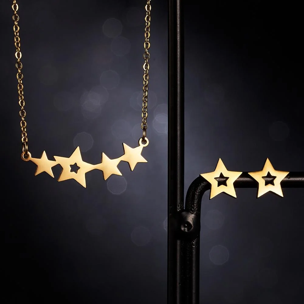 
Charm Gold Plated Stainless Steel Star Heart Cat Pendant Necklace Earrings Jewelry Set For Women 