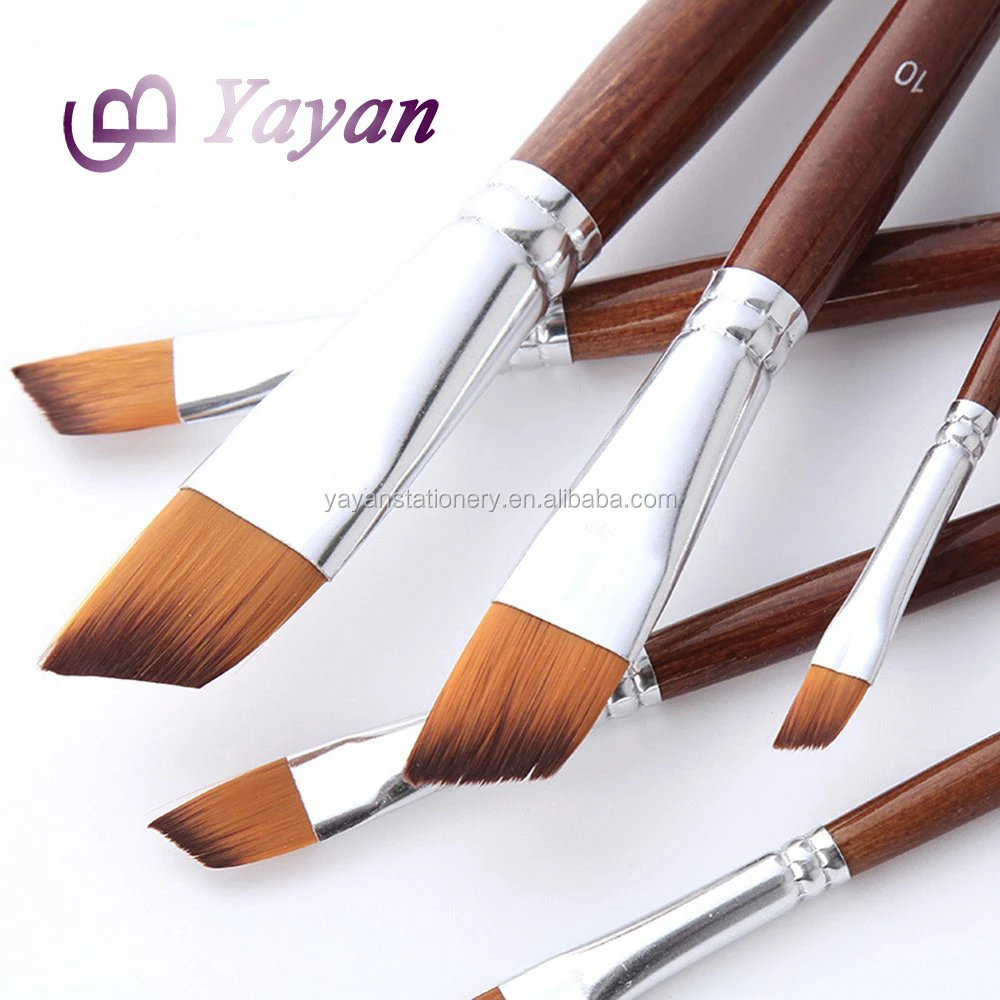 New Brand Angle Short Wooden Handle Gold Synthetic Nylon Bristle Oil Artist Paintbrushes Set with Factory Price
